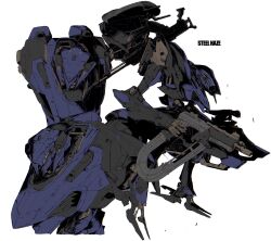 Rule 34 | absurdres, armored core, armored core vi: fires of rubicon, character name, dual wielding, full body, green eyes, gun, highres, holding, holding gun, holding weapon, mecha, mecha focus, missile pod, mznomono, no humans, reverse-jointed legs, robot, science fiction, simple background, standing, steel haze, weapon, weapon on back, white background
