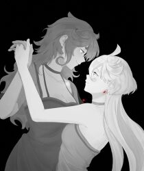 2girls breasts choker cleavage closed_mouth commentary dancing dress earrings english_commentary eye_contact greyscale gundam gundam_suisei_no_majo highres holding_hands interlocked_fingers jewelry large_breasts long_hair looking_at_another miorine_rembran monochrome multiple_girls necklace qnhuw sleeveless sleeveless_dress smile spot_color suletta_mercury thick_eyebrows upper_body yuri