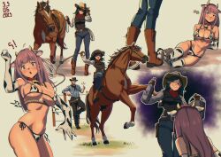 Rule 34 | 2girls, animal ears, animal print, ass, bags under eyes, bell, bikini, black hair, blush, bottle, breasts, cow ears, cow girl, cow horns, cow print, cow print bikini, cow print gloves, cow print sleeves, cow print thighhighs, cowbell, fake horns, gloves, green eyes, hair between eyes, horns, katou asuka, kuroki tomoko, long hair, milk, milk bottle, multiple girls, neck bell, open mouth, print bikini, print gloves, print thighhighs, santiagodraws, smile, swimsuit, thighhighs, watashi ga motenai no wa dou kangaetemo omaera ga warui!, yuri