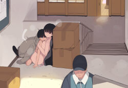 1girl 2boys ^^^ age_difference akiyama_fumika_(pepper0) akiyama_toru_(pepper0) black_hair blue_eyes breasts brother_and_sister character_request completely_nude door handrail hetero highres incest large_breasts motion_lines multiple_boys nude one_eye_closed onee-shota original pepper0 sex short_hair shota siblings stairs stealth_sex sunlight
