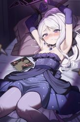 1girl absurdres armpits arms_up black_halo blue_archive blush book breasts commentary_request demon_girl demon_horns demon_wings dress dutch_angle earrings furrowed_brow gloves halo highres hina_(blue_archive) hina_(dress)_(blue_archive) horns jewelry knees_together_feet_apart long_hair looking_at_viewer lying necklace nose_blush official_alternate_costume official_alternate_hairstyle on_back on_bed p1n pantyhose pendant pillow presenting_armpit purple_dress purple_eyes purple_gloves purple_pantyhose restrained small_breasts solo white_hair wings