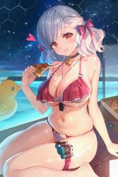Rule 34 | 1girl, absurdres, bell, between breasts, bikini, bison cangshu, black choker, blush, bow, breasts, cheese, cheese trail, choker, cleavage, food, girls&#039; frontline, grey hair, hair bow, highres, holding, large breasts, looking at viewer, medium hair, multicolored bikini, navel, neck bell, official alternate costume, pizza, pizza slice, plump, pool, poolside, red bikini, red bow, red eyes, sabrina (girls&#039; frontline 2), sabrina (strawberry zabaione) (girls&#039; frontline 2), side-tie bikini bottom, sitting, smile, solo, spas-12 (girls&#039; frontline), string bikini, swimsuit, thigh strap, two-tone bikini, underboob, water, wet