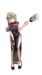 1girl absurdres ahoge bare_arms bare_legs bare_shoulders black_dress black_gloves black_shoes blonde_hair breasts china_dress chinese_clothes cleavage cleavage_cutout closed_mouth clothing_cutout covered_navel dress eyes_visible_through_hair eyewear_on_head fingerless_gloves full_body gloves hair_over_one_eye hand_fan hand_up highres holding holding_fan large_breasts leaning_forward looking_at_viewer medium_hair pelvic_curtain purple_eyes shoes short_twintails simple_background single_glove skindentation sleeveless sleeveless_dress smile solo sunglasses sweety_(zenless_zone_zero) thigh_strap thighs twintails underboob_cutout white_background zapik zenless_zone_zero