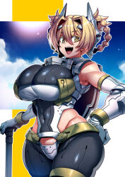 1girl 30_minutes_sisters alternate_breast_size armor blonde_hair cloud cloudy_sky green_eyes hand_on_own_hip looking_to_the_side open_mouth sky sword teeth tight_clothes tukiwani weapon yufia