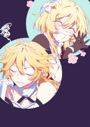 1boy 1girl aether_(genshin_impact) ahoge arm_armor black_gloves blonde_hair braid brother_and_sister brown_shirt closed_mouth earrings genshin_impact gloves hair_between_eyes hair_ornament highres jewelry long_sleeves romper scarf shirt short_hair siblings single_braid single_earring twins white_romper white_scarf x6vrego9 yellow_eyes