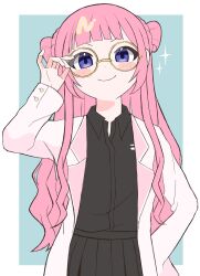 1girl adjusting_eyewear black_shirt black_skirt closed_mouth coat collared_shirt glasses hair_bun hand_on_eyewear highres long_hair long_sleeves looking_at_viewer nijisanji norimi_(01norimi28) open_clothes open_coat pink_hair pleated_skirt purple_eyes revision round_eyewear shirt side_up_bun skirt smile solo standing suo_sango suo_sango_(3rd_costume) upper_body