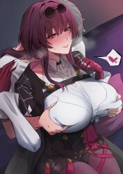 1boy 1girl absurdres black_gloves black_jacket blush breasts caelus_(honkai:_star_rail) collared_shirt eyewear_on_head gloves grabbing_another&#039;s_breast grey_hair groping hair_between_eyes hans-kun highres honkai:_star_rail honkai_(series) jacket jewelry kafka_(honkai:_star_rail) large_breasts long_hair long_sleeves looking_at_viewer multiple_boys multiple_girls pantyhose purple_eyes purple_gloves purple_hair round_eyewear shirt short_hair shorts smile sunglasses trailblazer_(honkai:_star_rail) white_shirt yellow_eyes