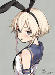 Rule 34 | 1girl, alternate costume, alternate hair length, alternate hairstyle, artist name, black eyes, black neckerchief, blonde hair, blue sailor collar, blush, breasts, commentary request, cropped shirt, eckert&amp;eich, elbow gloves, gloves, grey background, hair between eyes, highres, kantai collection, looking at viewer, neckerchief, open mouth, sailor collar, shimakaze (kancolle), shirt, short hair, short hair with long locks, simple background, small breasts, solo, twitter username, white shirt