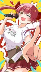 1girl ;d blush breasts brown_background brown_eyes brown_leotard clothes_writing commentary_request covered_navel fang hair_between_eyes hair_ribbon highres holding holding_microphone hololive houshou_marine houshou_marine_(1st_costume) kiritoma leotard leotard_under_clothes looking_at_viewer medium_breasts microphone one_eye_closed open_mouth outstretched_arm pleated_skirt pointing pointing_at_viewer red_hair red_ribbon red_skirt ribbon shirt short_sleeves signature skirt smile solo translation_request twintails virtual_youtuber white_shirt