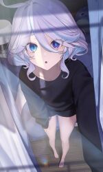 1girl absurdres ahoge alternate_costume black_shirt blue_eyes blue_hair commentary_request drop-shaped_pupils ebibi_chiriri furina_(genshin_impact) genshin_impact hair_between_eyes heterochromia highres indoors leaning_forward multicolored_hair parted_lips shirt sleeves_past_wrists solo streaked_hair symbol-shaped_pupils two-tone_hair white_hair