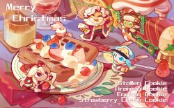 1girl 3boys :d antlers blonde_hair blue_eyes blue_hair blue_hat blueberry bradyclaph83904 brown_coat brown_hat character_name chibi closed_eyes coat cookie_run cookie_run:_ovenbreak eggnog_cookie food fox fruit full_body gift green_eyes hat highres holding holding_gift horns looking_at_another merry_christmas multiple_boys open_mouth red_coat red_eyes red_hat smile standing stollen_cookie strawberry strawberry_cream_cookie tiramisu_cookie waffle white_hair