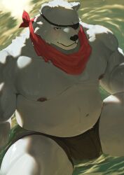 1boy absurdres animal_ears bara bear_boy bear_ears belly biceps black_shorts blush bulge closed_mouth commentary eyepatch fat fortnite furry furry_male highres looking_at_viewer male_focus muscular muscular_male navel neckerchief nipples o3o_luri one_eye_covered pectorals polar_patroller_(fortnite) red_neckerchief shorts topless_male wet