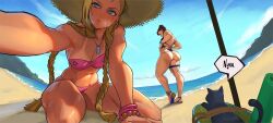 2girls abs ass beach bikini blonde_hair blue_one-piece_swimsuit blue_sandals bracelet braid breasts cammy_white capcom cat chun-li commentary double_bun english_commentary hair_bun hat jewelry looking_at_viewer multiple_girls one-piece_swimsuit pink_bikini sanchezisfine sand sandals scar speech_bubble street_fighter street_fighter_6 swimsuit thick_thighs thighs toned toned_female twin_braids water