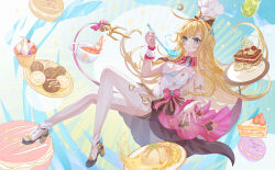 1girl absurdres ahoge aqinorz bare_shoulders blonde_hair cake cake_slice chef chef_hat closed_mouth dress escoffier_(genshin_impact) food fork_hair_ornament full_body genshin_impact hat heart heart_in_eye high_heels highres la_lettre_a_focalors_(genshin_impact) long_hair looking_at_viewer reaching reaching_towards_viewer shoes smile solo symbol_in_eye tail thighhighs white_dress white_wrist_cuffs wrist_cuffs