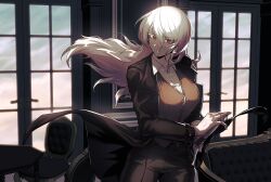 1girl black_jacket breasts brown_pants brown_vest buttons chair closed_mouth collarbone couch cowboy_shot getsome highres i_wanna_be_the_justice_guy indoors jacket lapels large_breasts long_hair looking_at_viewer notched_lapels pants red_eyes shirt sidelocks solo table vest white_hair white_shirt window
