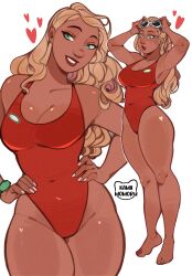 1girl barefoot blonde_hair breasts cleavage commentary covered_navel curly_hair dark-skinned_female dark_skin english_commentary goggles goggles_on_head green_eyes heart highres kamii_momoru lifeguard lifeguard_(lilo_&amp;_stitch) lilo_&amp;_stitch long_hair looking_at_viewer multiple_views one-piece_swimsuit red_one-piece_swimsuit simple_background smile standing swimsuit thighhighs thighs white_background