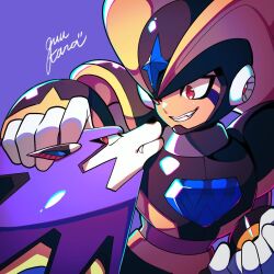1boy android armor artist_logo artist_name bass_(mega_man) bass_day black_armor black_helmet chest_jewel commentary dog facial_mark fins forehead_jewel guutara head_fins helmet logo male_focus mega_man_(classic) mega_man_(series) non-humanoid_robot petting purple_background red_eyes robot robot_animal robot_dog shoulder_armor signature smile treble_(mega_man) upper_body
