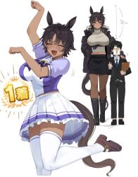 Rule 34 | 1boy, 1girl, animal ears, black boots, black eyes, black hair, black jacket, black nails, black pants, black shoes, black skirt, black suit, blue necktie, bon (vtuber), boots, breasts, brown shoes, closed eyes, collared shirt, dark-skinned female, dark skin, ear piercing, fang, formal clothes, gurenola, height difference, highres, horse ears, horse girl, horse pose, horse tail, indie virtual youtuber, jacket, large breasts, motion lines, multicolored hair, navel, necktie, open clothes, open jacket, open mouth, pants, pantyhose, piercing, pink hair, pleated skirt, ribbed sweater, school uniform, second-party source, shirt, shoes, skirt, streaked hair, suit, sweater, tail, thighhighs, tracen school uniform, trainer (umamusume), umamusume, virtual youtuber, white shirt, white sweater, white thighhighs