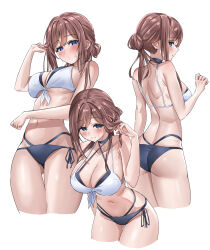 1girl absurdres bare_shoulders bikini blue_eyes breasts brown_hair choker cleavage commentary cropped_legs front-tie_bikini_top front-tie_top gakuen_idolmaster highres himesaki_rinami idolmaster large_breasts leaning_forward looking_at_viewer looking_back multicolored_bikini multiple_views navel side-tie_bikini_bottom simple_background swimsuit uyufuzi_s white_background white_bikini