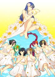6+girls ahoge alternate_costume barefoot black_hair blue_hair braid breasts cleavage closed_eyes closed_mouth collarbone commentary cynthia_(fire_emblem) dress english_commentary female_morgan_(fire_emblem) fire_emblem fire_emblem_awakening fire_emblem_heroes flower flower_request gradient_background green_hair grey_hair hair_flower hair_ornament highres holding_hands kjelle_(fire_emblem) knees long_hair lucina_(fire_emblem) lucina_(valentine)_(fire_emblem) lying medium_breasts multiple_girls nah_(fire_emblem) namiine nintendo noire_(fire_emblem) official_alternate_costume on_back on_side petals pointy_ears red_eyes red_hair severa_(fire_emblem) sitting sleeping sleeveless sleeveless_dress small_breasts smile sundress sunflower twin_braids white_dress yellow_background