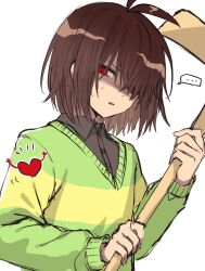 ... 1other antenna_hair black_shirt brown_hair buttons collared_shirt commentary_request deltarune from_below green_sweater hair_over_one_eye heart holding kris_(deltarune) looking_at_viewer mitorizu_02 one_eye_covered other_focus red_eyes shaded_face shirt short_hair sideways_glance simple_background solo soul_(deltarune) spoken_ellipsis striped_clothes striped_sweater sweatdrop sweater two-handed two-tone_sweater upper_body v-neck white_background yellow_sweater