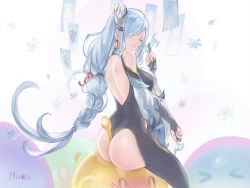 &gt;_&lt; 0_0 1girl absurdres artist_name ass back bare_shoulders between_buttocks between_fingers black_bodysuit black_gloves blue_eyes blue_hair bodysuit braid breasts closed_mouth clothing_cutout creature detached_sleeves earrings elbow_gloves genshin_impact gloves hair_ornament hair_over_one_eye highres holding jewelry large_breasts long_hair long_sleeves looking_at_viewer looking_back miaosu partially_fingerless_gloves shenhe_(genshin_impact) shoulder_cutout simple_background single_braid sitting slime_(genshin_impact) smile snowflakes solo_focus tassel tassel_earrings very_long_hair white_background