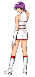 1girl asamiya_athena bike_shorts bike_shorts_under_skirt boots dress female_focus gloves hairband heel_up jewelry looking_at_viewer looking_back pale_skin purple_eyes purple_hair short_hair shorts skirt smile smiley_face star_(symbol) the_king_of_fighters thighs