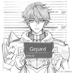 1boy artist_name barbie_(franchise) barbie_(live_action) barbie_mugshot_(meme) character_name coat commentary english_commentary fur-trimmed_coat fur_trim gepard_landau gloves greyscale hair_between_eyes hands_up highres holding holding_sign honkai:_star_rail honkai_(series) jacket long_sleeves looking_at_viewer male_focus meme monochrome mugshot short_hair sign simba21 solo standing teeth