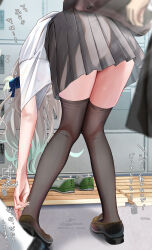 2girls adjusting_footwear alternate_costume artist_name ass bent_over black_skirt black_thighhighs blurry blurry_foreground commentary_request firefly_(honkai:_star_rail) from_behind grey_hair hair_ornament highres honkai:_star_rail honkai_(series) kabu_usagi kneepits knees_together_feet_apart loafers long_hair multiple_girls paid_reward_available pleated_skirt shirt shoes short_sleeves signature skirt solo_focus standing stelle_(honkai:_star_rail) sweat thighhighs thighs trailblazer_(honkai:_star_rail) translation_request white_shirt zettai_ryouiki