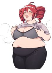 1girl absurdres ahoge alternate_body_size bifizu&#039;s_gold black_pants blush bra breasts closed_eyes clothes_lift commentary_request cowboy_shot cropped_legs drill_hair fat grey_bra grey_shirt hair_between_eyes highres kasane_teto large_breasts muffin_top open_mouth pants puff_of_air red_hair shirt short_sleeves simple_background solo sweat t-shirt thick_thighs thighs twin_drills underwear utau white_background