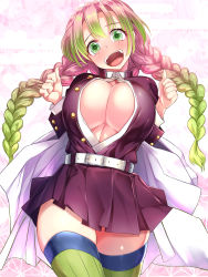 1girl absurdres belt black_skirt blush braid breasts cleavage cowboy_shot female_focus floral_background gradient_hair green_eyes green_hair green_thighhighs haori head_tilt highres japanese_clothes kanroji_mitsuri kimetsu_no_yaiba kokuu_rikishi large_breasts long_hair long_sleeves looking_at_viewer matching_hair/eyes miniskirt mole mole_under_eye multicolored_hair open_mouth partially_unbuttoned patterned_background pink_hair pleated_skirt ribbed_thighhighs skindentation skirt solo teeth thighhighs thighs tongue tri_braids twin_braids two-tone_hair upper_teeth_only wide_sleeves zettai_ryouiki