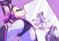 1girl aqua_nails ass bare_shoulders black_hair blush bracelet breasts delarocha82 double_bun fingerless_gloves from_behind gloves hair_bun hair_horns hair_over_one_eye han_juri jewelry lips looking_at_viewer looking_back makeup mirror multicolored_hair nail_polish pants pink_hair purple_eyes purple_hair reflection smile solo spiked_bracelet spikes streaked_hair street_fighter street_fighter_6 two-tone_hair