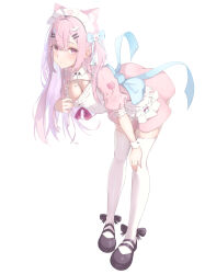 1girl absurdres ahoge animal_ears animal_print ankle_bow ankle_ribbon back_bow bent_over black_bow black_choker black_shoes blue_bow blush bow breasts cat_choker cat_ears cat_girl cat_print choker cleavage_cutout closed_mouth clothes_lift clothing_cutout dress dress_lift expressionless extra_ears fingernails fish_hair_ornament full_body ghost_hair_ornament hair_bow hair_ornament hairclip hand_on_own_leg heart heart_hair_ornament highres indie_virtual_youtuber large_breasts lifting_own_clothes long_hair looking_at_viewer maid maid_headdress mary_janes o-ring o-ring_choker paw_print pink_bow pink_dress pink_eyes pink_hair pink_nails ribbon ru_(wtf8malo24) shoes short_sleeves simple_background solo thighhighs thighs two_side_up virtual_youtuber white_background white_thighhighs white_wrist_cuffs wing_hair_ornament wrist_cuffs yuuki_sakuna yuuki_sakuna_(1st_costume)