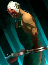 1boy bara blood blood_on_arm blood_on_mask bloody_weapon dark-skinned_male dark_skin dead_by_daylight feet_out_of_frame forest from_side highres large_pectorals male_focus mask muscular muscular_male nature overalls pectorals sharp_teeth short_hair sidepec solo teeth the_trapper_(dead_by_daylight) tree walking weapon yowaifish
