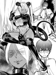 1boy 1futa boots breasts covered_testicles dark-skinned_female dark_skin demon demon_girl demon_horns demon_tail fangs futanari gloves horns large_breasts monochrome original priest short_hair tail testicles thigh_boots yonekura_kengo