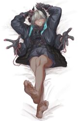 1girl arknights arms_up barefoot bird_girl black_feathers black_gloves black_jacket dark-skinned_female dark_skin extra_arms feather_hair feathers feet full_body gloves grey_eyes grey_hair half-closed_eyes head_wings highres jacket knm_kamakura long_sleeves open_clothes open_jacket outstretched_arms pink_gloves raidian_(arknights) smile soles solo thighs toes two-tone_gloves wings