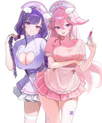 2girls absurdres alternate_costume animal_ears arm_under_breasts bandaid bandaid_on_leg braid breasts cleavage_cutout closed_mouth clothing_cutout cowboy_shot dress fox_ears fox_girl genshin_impact highres holding holding_syringe large_breasts long_hair multiple_girls open_mouth pink_dress pink_hair purple_eyes purple_hair raiden_shogun smile syringe thighhighs thighs twin_braids white_background white_thighhighs yae_miko yamu_(yamu_030)