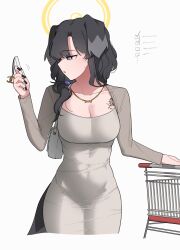 1girl absurdres alternate_costume alternate_hairstyle animal_ears black_hair black_nails blue_archive blush breast_tattoo breasts cellphone cleavage cowboy_shot dog_ears dog_girl dog_tail dongtan_dress dress grey_dress halo hand_up hibiki_(blue_archive) highres holding holding_phone jewelry large_breasts long_hair long_sleeves looking_at_phone looking_to_the_side necklace oddsnail phone simple_background smartphone solo standing tail tattoo taut_clothes taut_dress tight_clothes tight_dress white_background