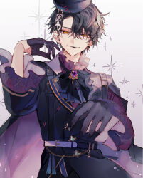 absurdres amulet bishounen black_hair black_lips bow bowtie coat earrings gloves half_gloves hat head_tilt highres jewelry long_sleeves looking_at_viewer mahoutsukai_no_yakusoku male_focus parted_bangs purple_gloves reaching reaching_towards_viewer ringed_eyes sailor_hat short_hair simple_background smile snow_(mahoutsukai_no_yakusoku) solo sparkle u-sama_(u_summer0719) upper_body very_short_hair white_background yellow_eyes