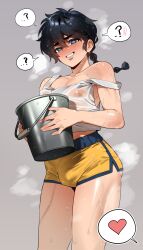 Rule 34 | 1boy, ?, @ @, absurdres, black hair, blush, braid, bucket, bulge, confused, heart, highres, holding, holding bucket, in (ain), looking at viewer, male focus, micro shorts, ranma 1/2, saotome ranma, shirt, shorts, smile, solo, spoken heart, spoken question mark, steaming body, wet, wet clothes, wet shirt, white shirt, yellow shorts