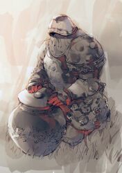 1boy armor covered_face elden_ring full_armor helm helmet highres jar male_focus moore_(elden_ring) nira_(nira_box) on_grass seiza sitting solo