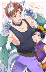 2boys animal_ears aqua_coat armpits asamine_matakara belt black_belt black_hair black_tank_top blush border brown_hair bucchigiri?! coat collar collarbone cowboy_shot dog_boy fangs fingernails fur-trimmed_coat fur_gloves fur_trim gao gloves green_eyes halloween hand_on_another&#039;s_thigh highres looking_at_viewer male_focus multiple_boys muscular muscular_male oddnoise open_clothes open_coat open_mouth outside_border pants pectoral_cleavage pectorals purple_pants purple_shirt red_eyes sharp_fingernails shirt short_hair sleeveless sleeveless_shirt smile spiked_collar spikes tail tank_top teeth tomoshibi_arajin white_border wolf_boy wolf_ears wolf_tail yaoi