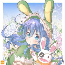 1girl 1other :o animal_ears blue_eyes blue_hair blush border coat date_a_live eyepatch flower green_coat hair_between_eyes hand_puppet highres himekawa_yoshino hood hooded_coat long_hair long_sleeves looking_at_viewer open_mouth outside_border puppet rabbit_ears rabbit_puppet takecho white_border wide_sleeves yoshinon
