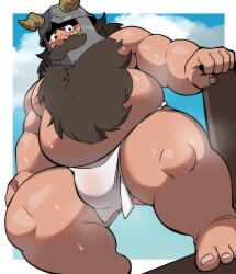 1boy absurdres bara beard blush brown_hair bulge dungeon_meshi dwarf facial_hair fake_horns from_below helmet highres horned_helmet horns large_pectorals loincloth long_beard male_focus mature_male minkz_(whitebeast20) muscular muscular_male mustache navel nipples pectorals see-through_clothes senshi_(dungeon_meshi) solo standing steaming_body thick_beard thick_mustache thick_thighs thighs topless_male very_long_beard