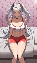 Rule 34 | 1girl, absurdres, azur lane, bed, bedroom, blush, bra, breasts, from above, hair ornament, highres, large breasts, long hair, looking at viewer, prinz eugen (azur lane), prinz eugen (brilliant touchdown) (azur lane), red shorts, self-upload, shorts, simple background, sitting, smile, solo, twintails, underwear, yissou art