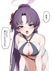 1girl bare_shoulders bent_over bikini black_bikini blue_archive breasts cleavage commentary_request earrings fang flower hair_flower hair_ornament halo highres jacket jewelry long_hair looking_at_viewer mm_(mm_chair) o-ring o-ring_bikini official_alternate_costume official_alternate_hairstyle open_mouth ponytail purple_hair purple_halo see-through_clothes see-through_jacket simple_background skin_fang solo swimsuit translation_request white_background yukari_(blue_archive) yukari_(swimsuit)_(blue_archive)