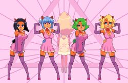 5girls ami_bandicoot animal_ears black_hair blonde_hair blue_eyes blue_hair bow breasts cleavage cosplay crash_bandicoot_(series) dress furry gloves green_eyes green_hair high_heels highres isabella_bandicoot kempferzero lipstick liz_bandicoot makeup mascara me!me!me! medium_breasts megumi_(crash_bandicoot) meme_(me!me!me!)_(cosplay) multiple_girls purple_eyes red_eyes standing tail tawna_bandicoot thighhighs zettai_ryouiki