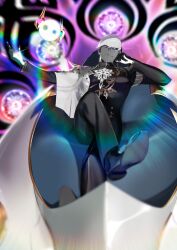 1boy black_gloves blue_eyes closed_mouth clothing_request colored_skin crossed_legs fate/grand_order fate_(series) full_body game_cg gloves grey_skin hand_on_own_face indra_(fate) long_sleeves looking_at_viewer male_focus official_art outstretched_arm pako_(pakosun) purple_background short_hair sitting solo third-party_source white_hair