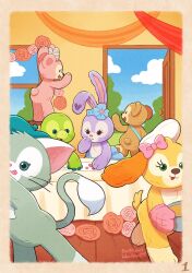 3boys 3girls animal_ears bear_girl cookieann duffy_and_friends duffy_the_disney_bear gelatoni green_fur highres looking_at_viewer multiple_boys multiple_girls olu_mel rabbit_ears rabbit_girl shelliemay shirt smile stellalou stuffed_animal stuffed_toy takatmaorange turtle_boy