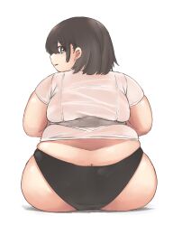 1girl ass back black_hair black_panties butt_crack fat fat_woman from_behind grey_eyes highres huge_ass looking_back nantekottai25 original panties plump shirt short_hair sitting solo underwear white_background white_shirt wide_hips